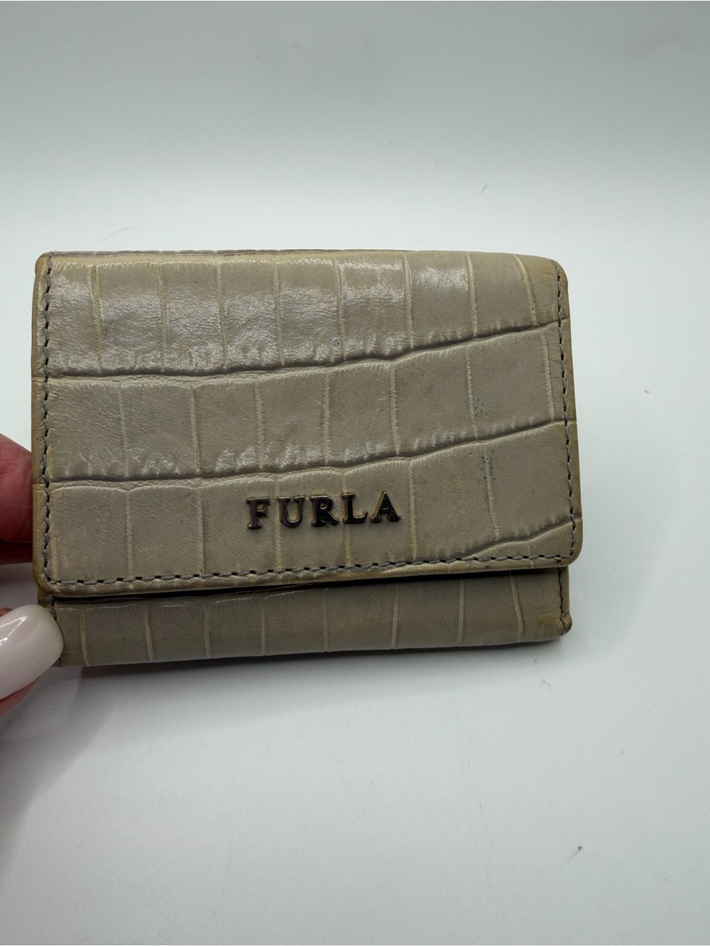 Furla Croc-Embossed Leather Card Wallet in Beige
